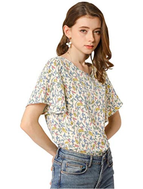 Allegra K Women's Floral Blouse Tee Chiffon Casual Flutter Sleeve Tops