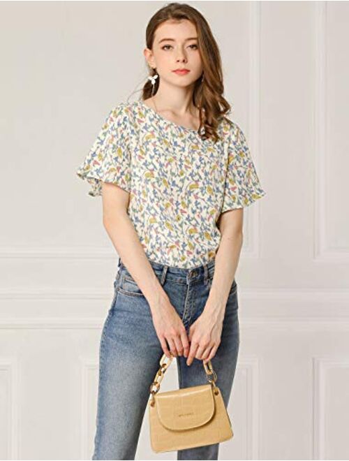 Allegra K Women's Floral Blouse Tee Chiffon Casual Flutter Sleeve Tops