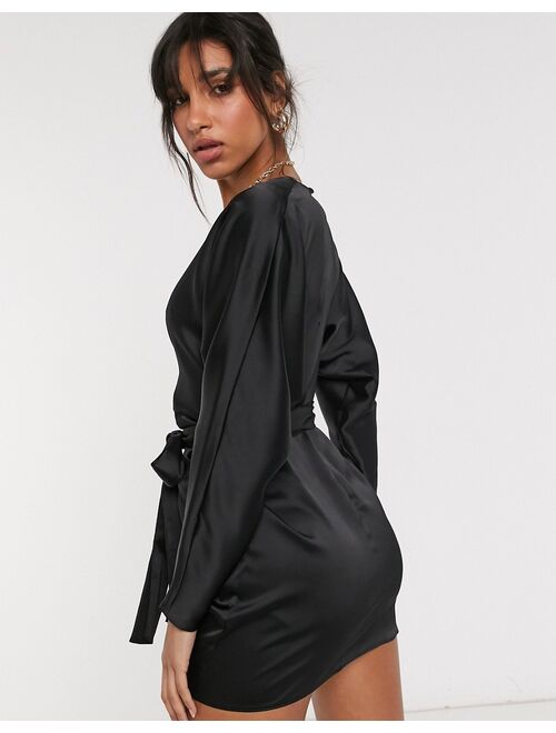 ASOS DESIGN batwing sleeve mini dress in satin with wrap waist in black
