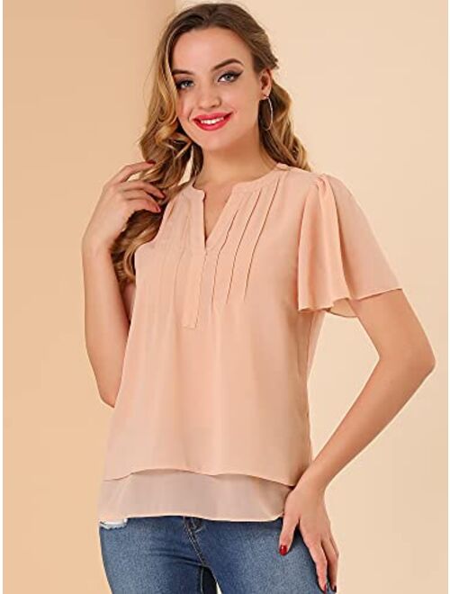 Allegra K Women's Chiffon Top Butterfly Sleeves Loose Casual Pintuck Blouse