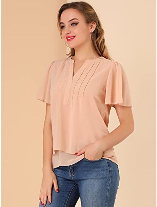 Allegra K Women's Chiffon Top Butterfly Sleeves Loose Casual Pintuck Blouse