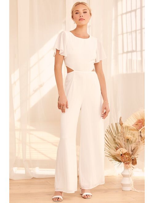 Lulus Toast to You White Flutter Sleeve Cutout Jumpsuit