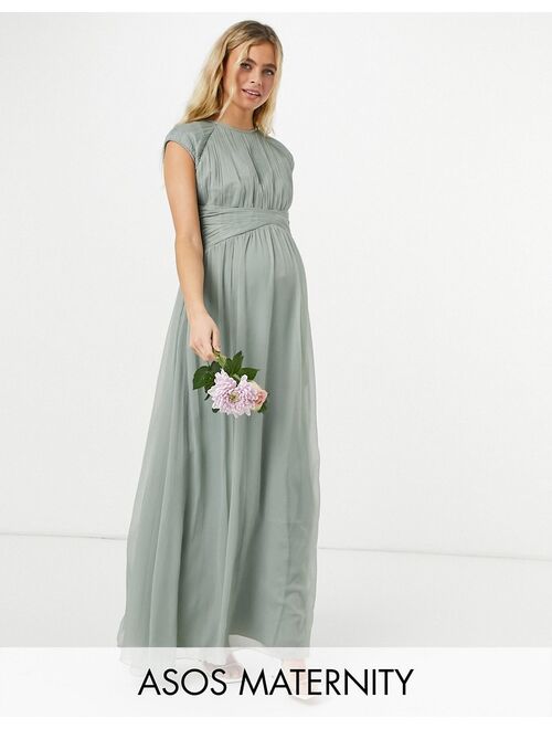ASOS DESIGN Maternity Bridesmaid ruched bodice maxi dress with cap sleeve detail in olive
