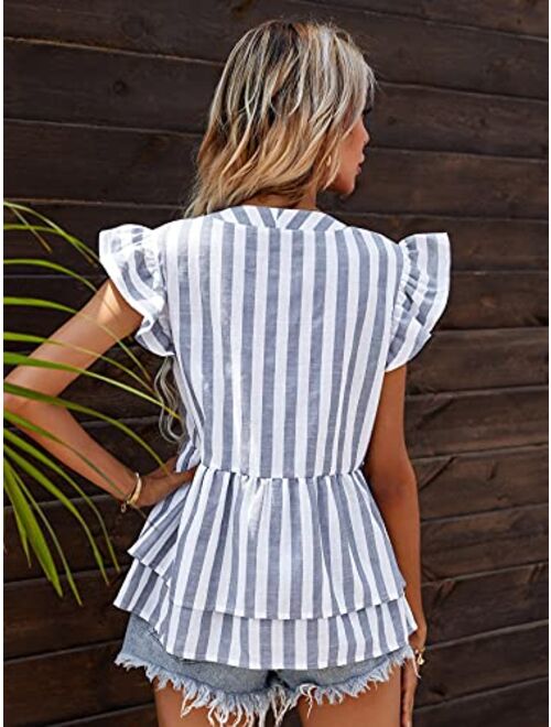 Milumia Women's Striped Button Down Ruffle Hem Peplum Blouse Butterfly Sleeve Shirt Top