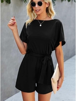 Solid Batwing Sleeve Belted Romper