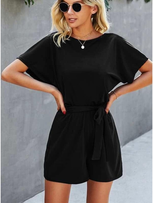 Shein Solid Batwing Sleeve Belted Romper
