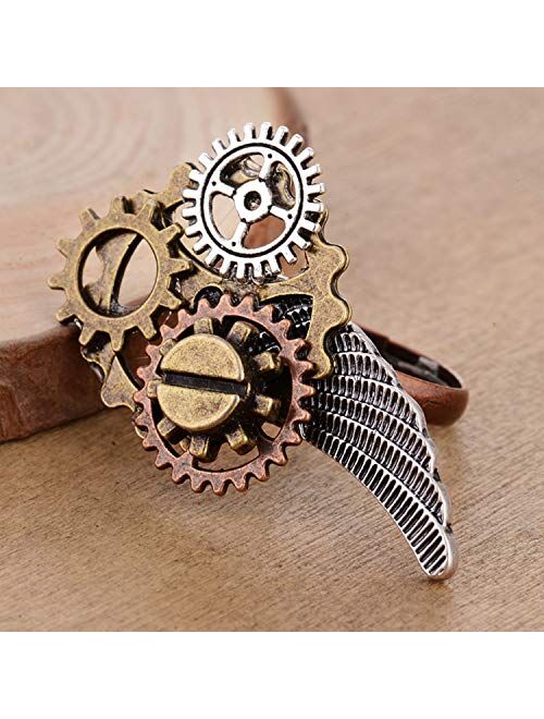 GemCave 6 Style Steampunk Women/Men Ring Retro Multi-Ring Clock Gears Ring Antique Collection/Souvenirs Adjustable Size (Style 1)