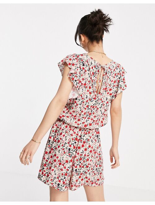 Vero Moda ruffle sleeve v neck romper in pink and red floral