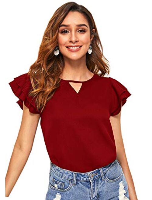 Milumia Women Ruffle Sleeve Chiffon Blouse Keyhole Neck Work Office Solid Shirt Top