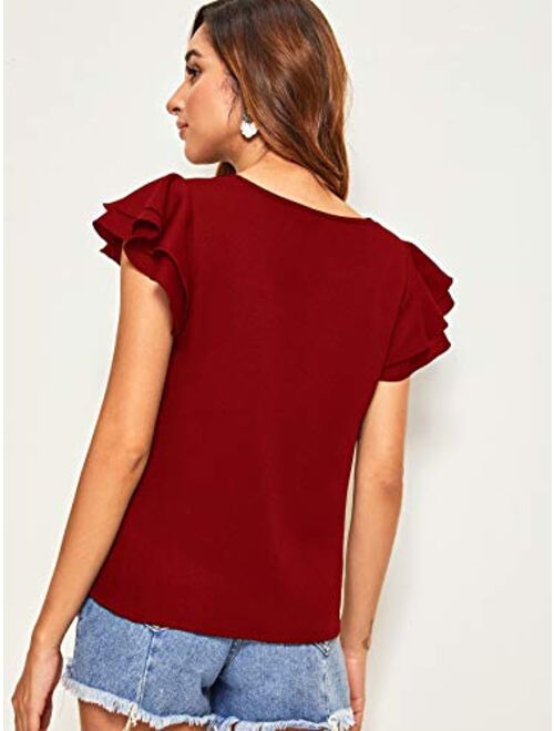 Milumia Women Ruffle Sleeve Chiffon Blouse Keyhole Neck Work Office Solid Shirt Top