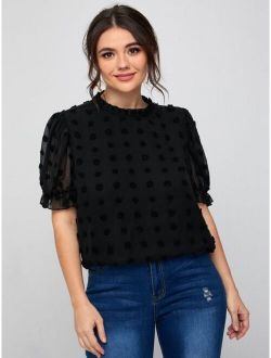 Plus Ruffle Neck Puff Sleeve Appliques Top