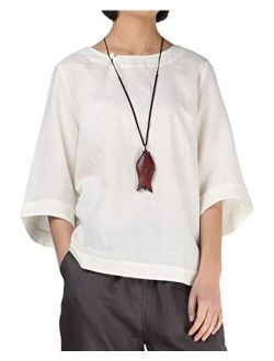 Minibee Women's Loose Cotton Linen Blouse Round Neck with Chinese Frog Button Tops