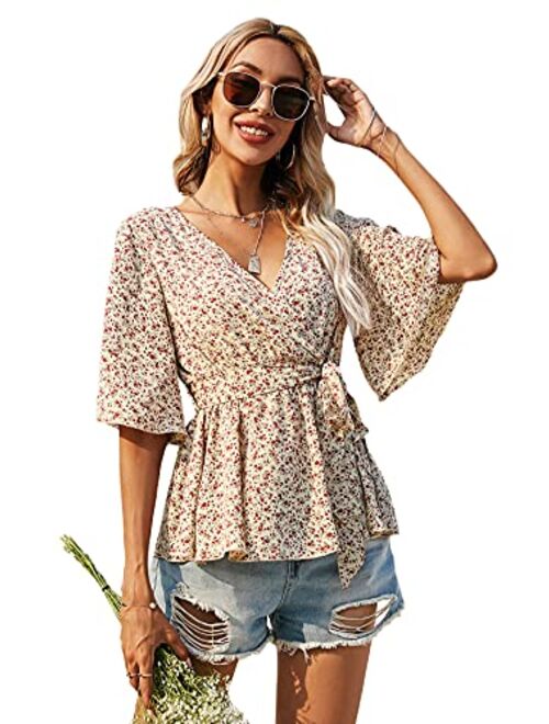 Romwe Women's Half Sleeve Wrap V Neck Belted Ruffle Hem Peplum Blouse Tops
