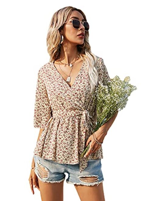 Romwe Women's Half Sleeve Wrap V Neck Belted Ruffle Hem Peplum Blouse Tops