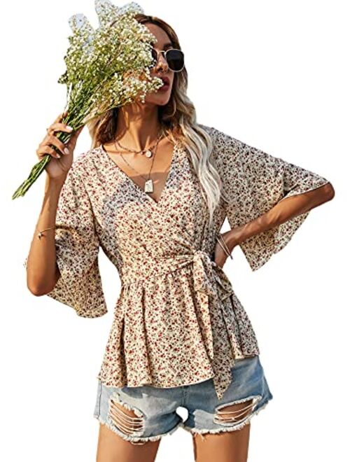 Romwe Women's Half Sleeve Wrap V Neck Belted Ruffle Hem Peplum Blouse Tops