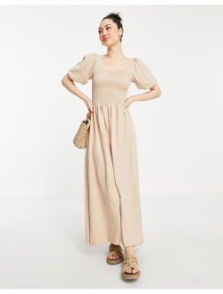 organic cotton shirred maxi dress with puff sleeves in beige