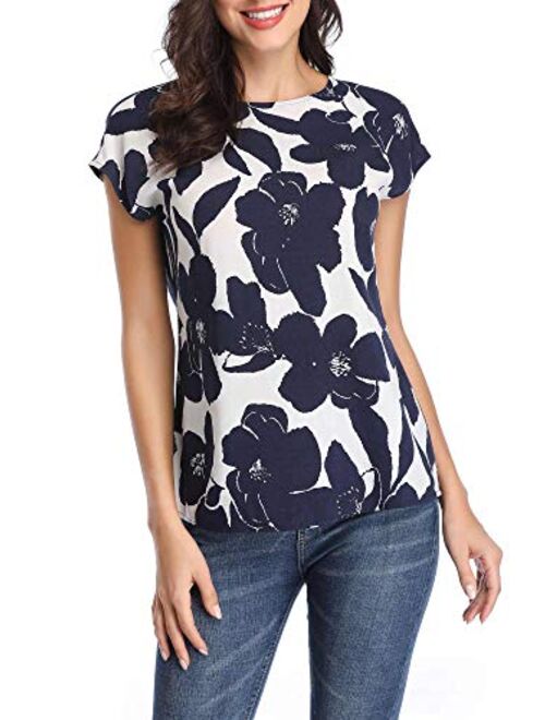 TORARY Women Short Sleeves Boatneck Floral Summer Casual Chiffon Blouse Top