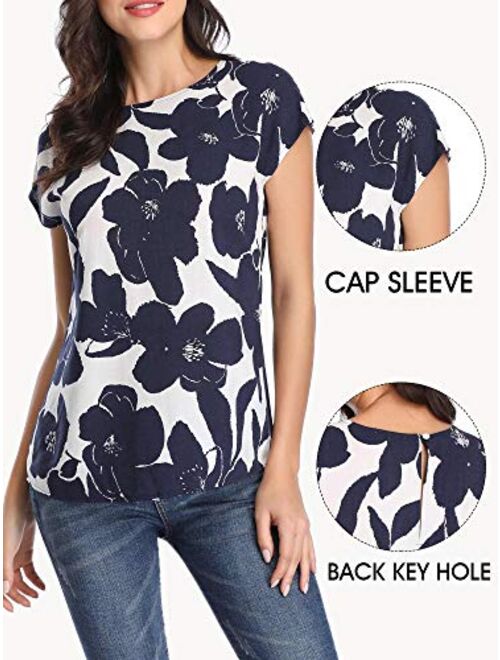 TORARY Women Short Sleeves Boatneck Floral Summer Casual Chiffon Blouse Top