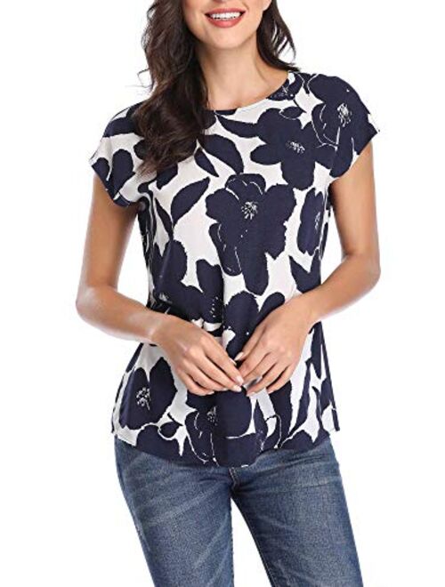 TORARY Women Short Sleeves Boatneck Floral Summer Casual Chiffon Blouse Top