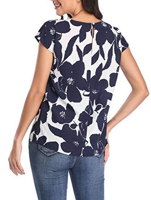 TORARY Women Short Sleeves Boatneck Floral Summer Casual Chiffon Blouse Top