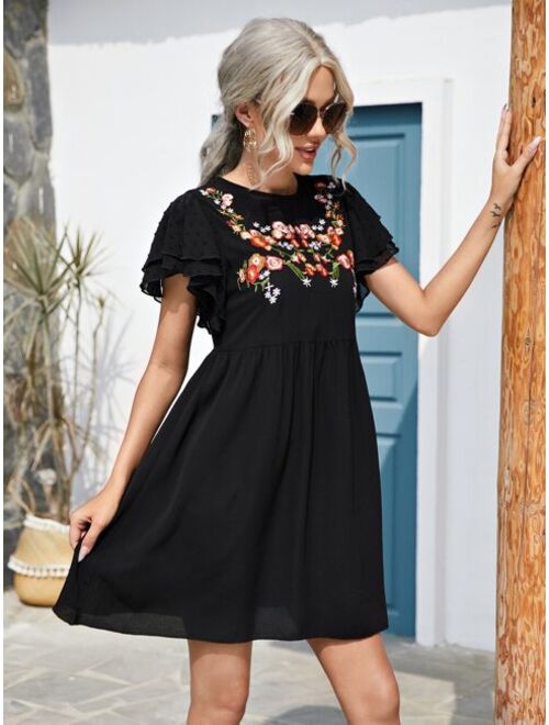 SHEIN Floral Embroidered Butterfly Sleeve Dress