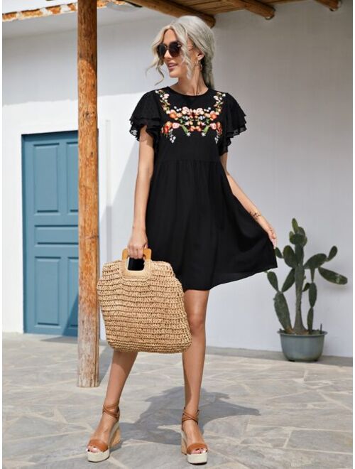 SHEIN Floral Embroidered Butterfly Sleeve Dress