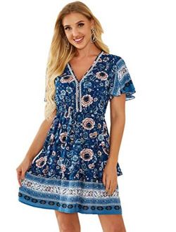 Women's Vintage Print Butterfly Sleeve V Neck Tie Waist Flared Party Dress