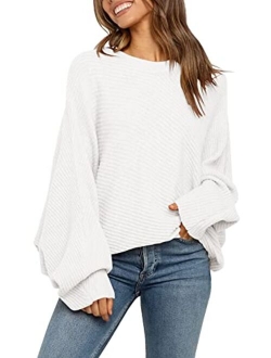Mafulus Women's Oversized Crewneck Sweater Batwing Puff Long Sleeve Cable Slouchy Pullover Jumper Tops