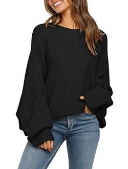 Mafulus Women's Oversized Crewneck Sweater Batwing Puff Long Sleeve Cable Slouchy Pullover Jumper Tops