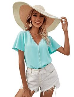Women's Casual V Neck Butterfly Sleeve Solid Blouse Shirt Top