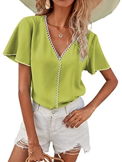Women's Casual V Neck Butterfly Sleeve Solid Blouse Shirt Top