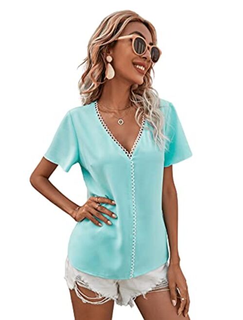 Milumia Women's Casual V Neck Butterfly Sleeve Solid Blouse Shirt Top