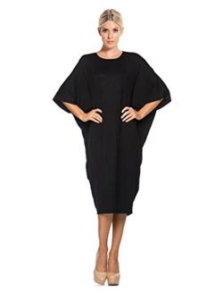 Tabeez Women's Oversized Jersey Shift Knee Length Loose Midi Dress with Kimono Sleeves