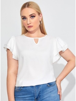 Plus Keyhole Neck Layered Flutter Sleeve Top