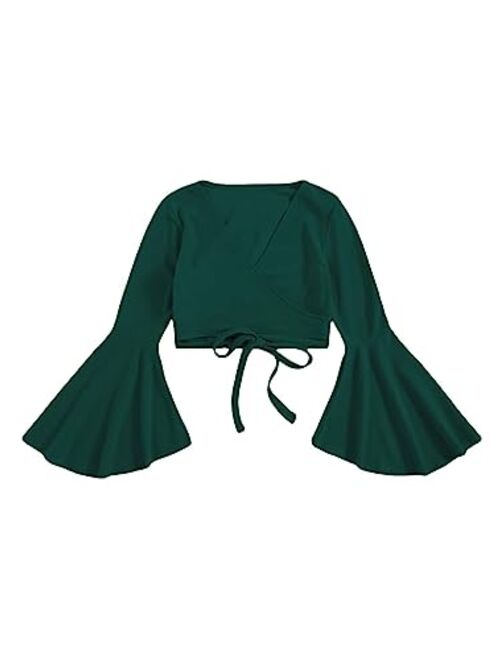 SOLY HUX Women's Surplice V-Neck Long Bell Sleeve Wrap Tie Back Crop Top Blouse