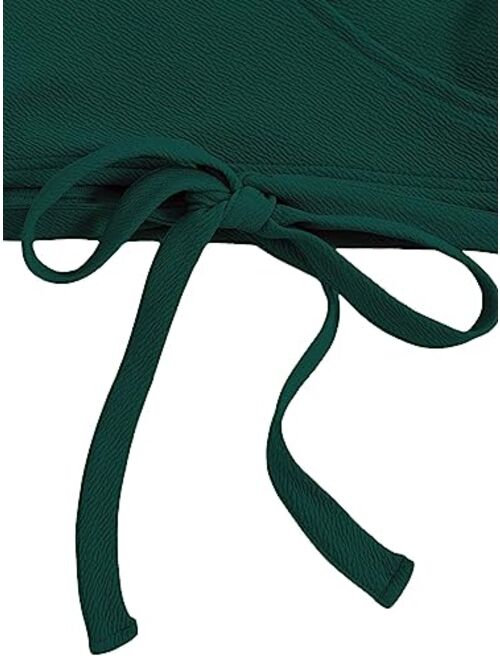 SOLY HUX Women's Surplice V-Neck Long Bell Sleeve Wrap Tie Back Crop Top Blouse