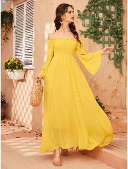Off Shoulder Shirred Bell Sleeve Dress
