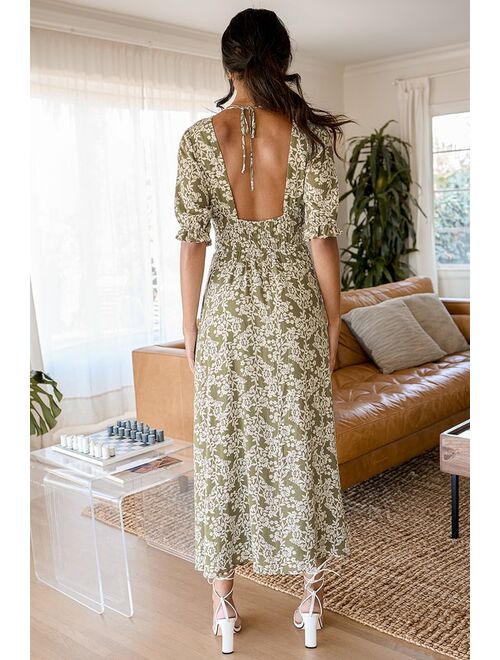 Lulus Spring Meadows Olive Green Floral Print Midi Dress