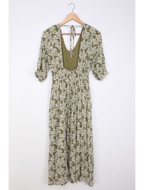 Lulus Spring Meadows Olive Green Floral Print Midi Dress
