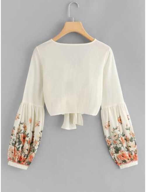 Shein Floral Chiffon Self-Tie Crop Top
