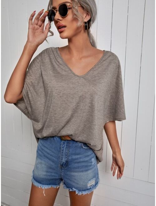Shein Solid Batwing Sleeve V-Neck Tee