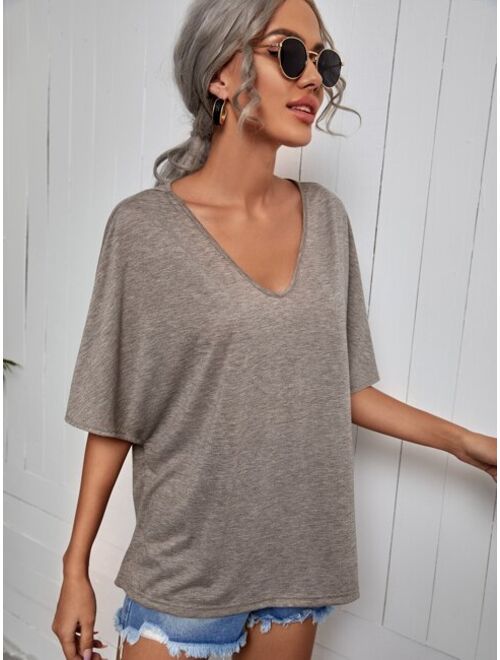 Shein Solid Batwing Sleeve V-Neck Tee