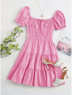 Tie Neck Ruched Bust Tiered Dress