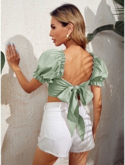 Frilled Puff Sleeve Tie Backless Top