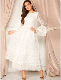 Bell Sleeve Embroidered Mesh Dress