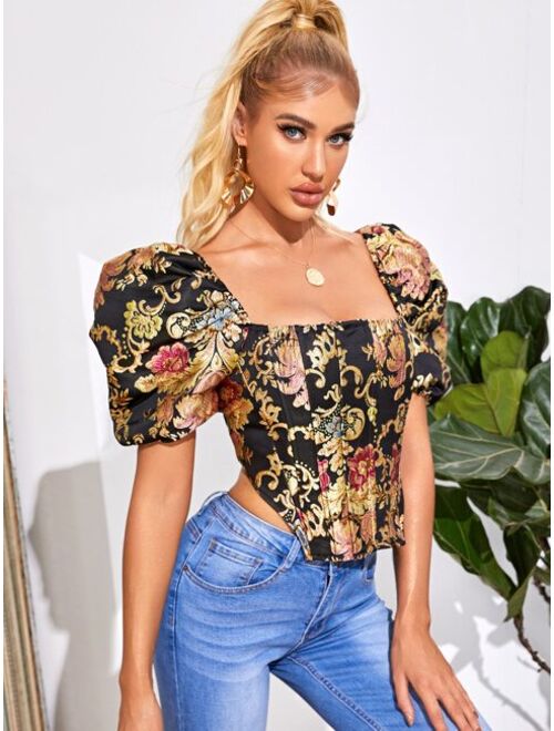 Shein Zip Back Puff Sleeve Floral Jacquard Top