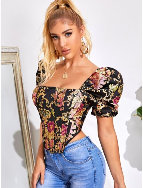 Shein Zip Back Puff Sleeve Floral Jacquard Top