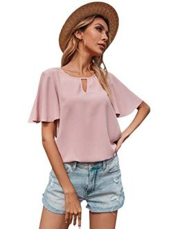 Women's Keyhole Neck Butterfly Sleeve Blouse Work Office Solid Shirt Top
