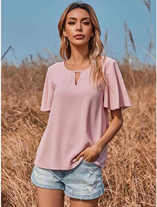 Milumia Women's Keyhole Neck Butterfly Sleeve Blouse Work Office Solid Shirt Top