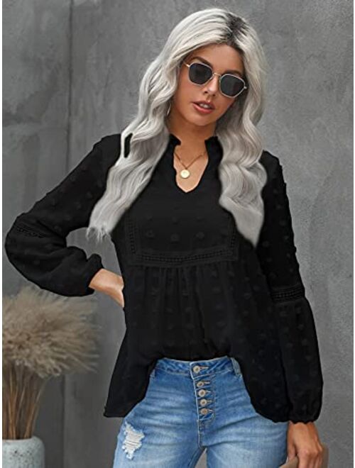 Floerns Women's Casual Notched Neck Long Sleeve Swiss Dots Chiffon Blouse Tops